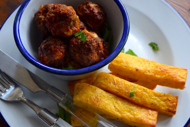 Chorizo-meatballs-cheese-polenta-chips-recipe-lucyloves-foodblog