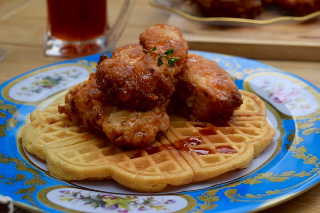 Soyrizo, Spinach Hash Brown Waffles with Sriracha Syrup