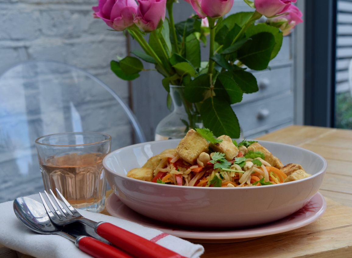 Crispy Tofu with Rainbow Pad Thai Noodles from Lucy Loves Food Blog