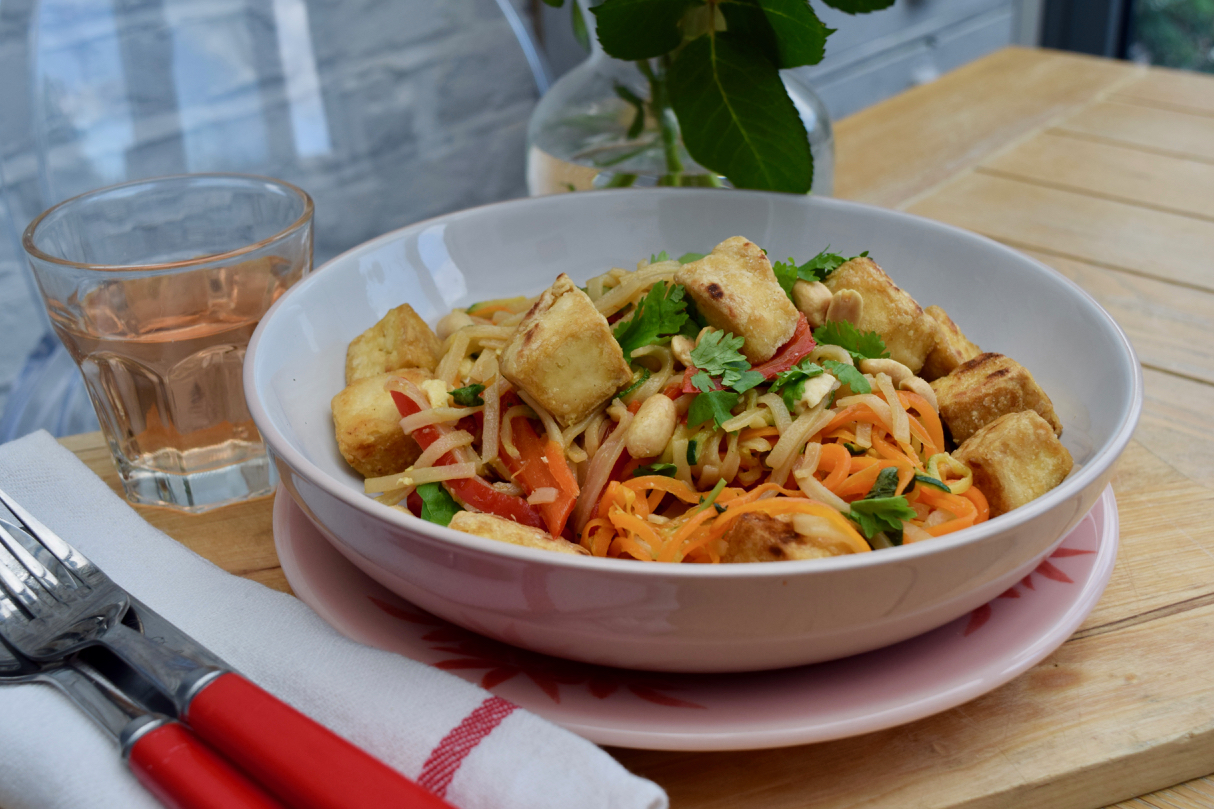 Crispy Tofu with Rainbow Pad Thai Noodles from Lucy Loves Food Blog