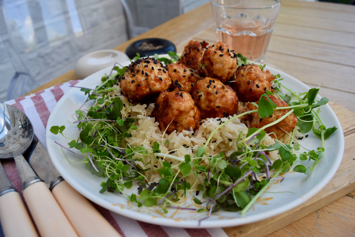 Sriracha Honey Meatballs recipe from Lucy Loves Food Blog