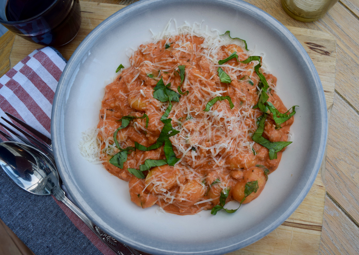 One Pot Creamy Sausage Gnocchi recipe from Lucy Loves Food Blog