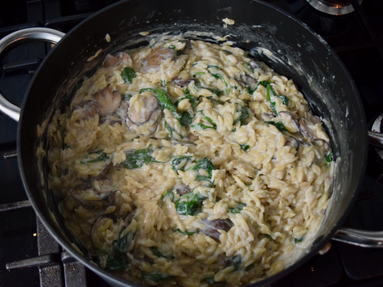 One Pot Mushroom and Spinach Orzo recipe from Lucy Loves Food Blog