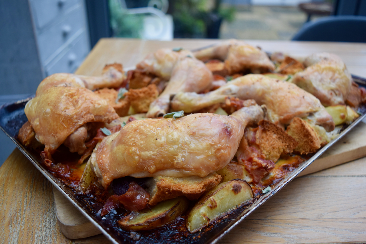 Roast Chicken with Bacon and Sourdough recipe from Lucy Loves Food Blog