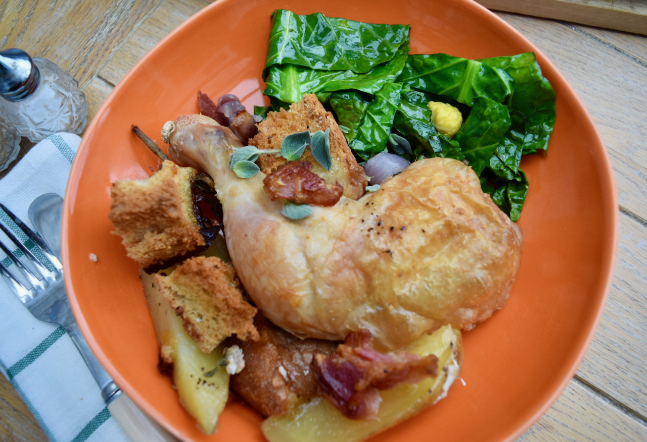 Roast Chicken with Bacon and Sourdough recipe from Lucy Loves Food Blog