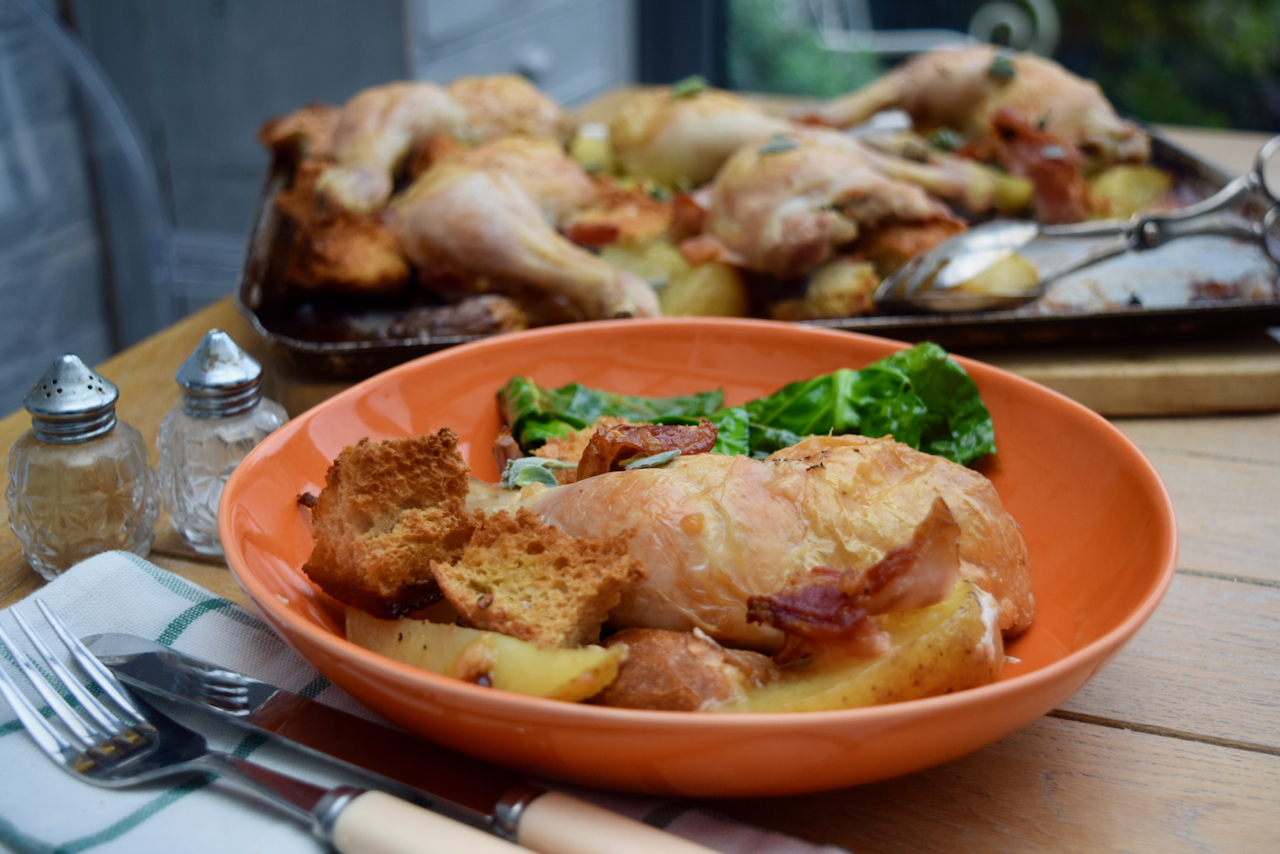 Roast Chicken with Bacon and Sourdough recipe from Lucy Loves Food Blog