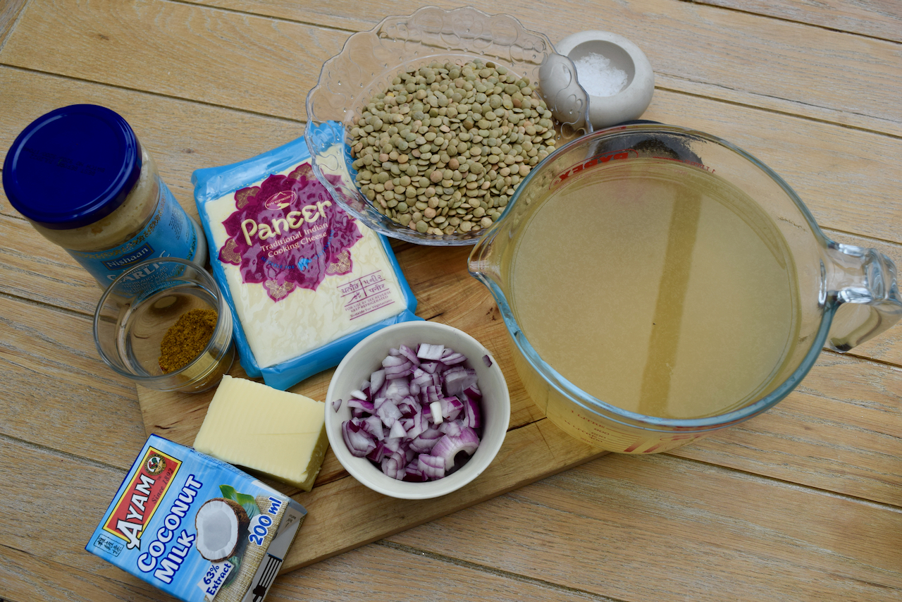 Curried Green Lentil Soup with Crispy Paneer recipe from Lucy Loves Food Blog