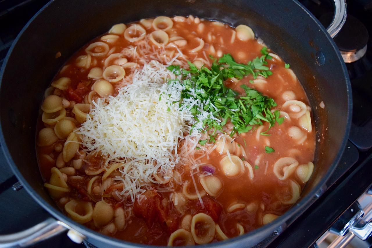 Brothy Tomato Pasta with Beans recipe from Lucy Loves Food Blog