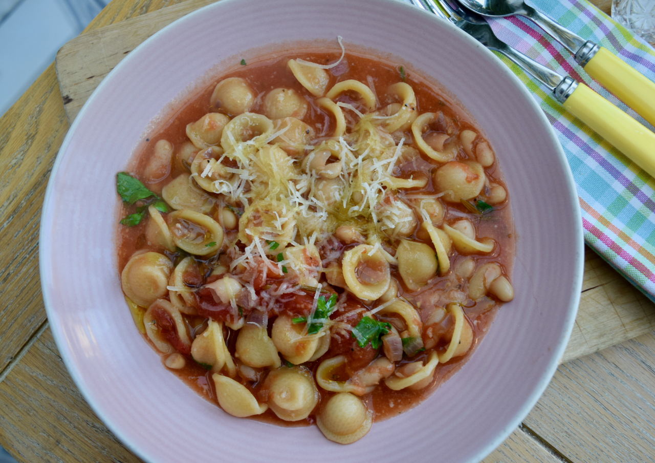 Tomato Brothy Pasta with Beans recipe from Lucy Loves Food Blog