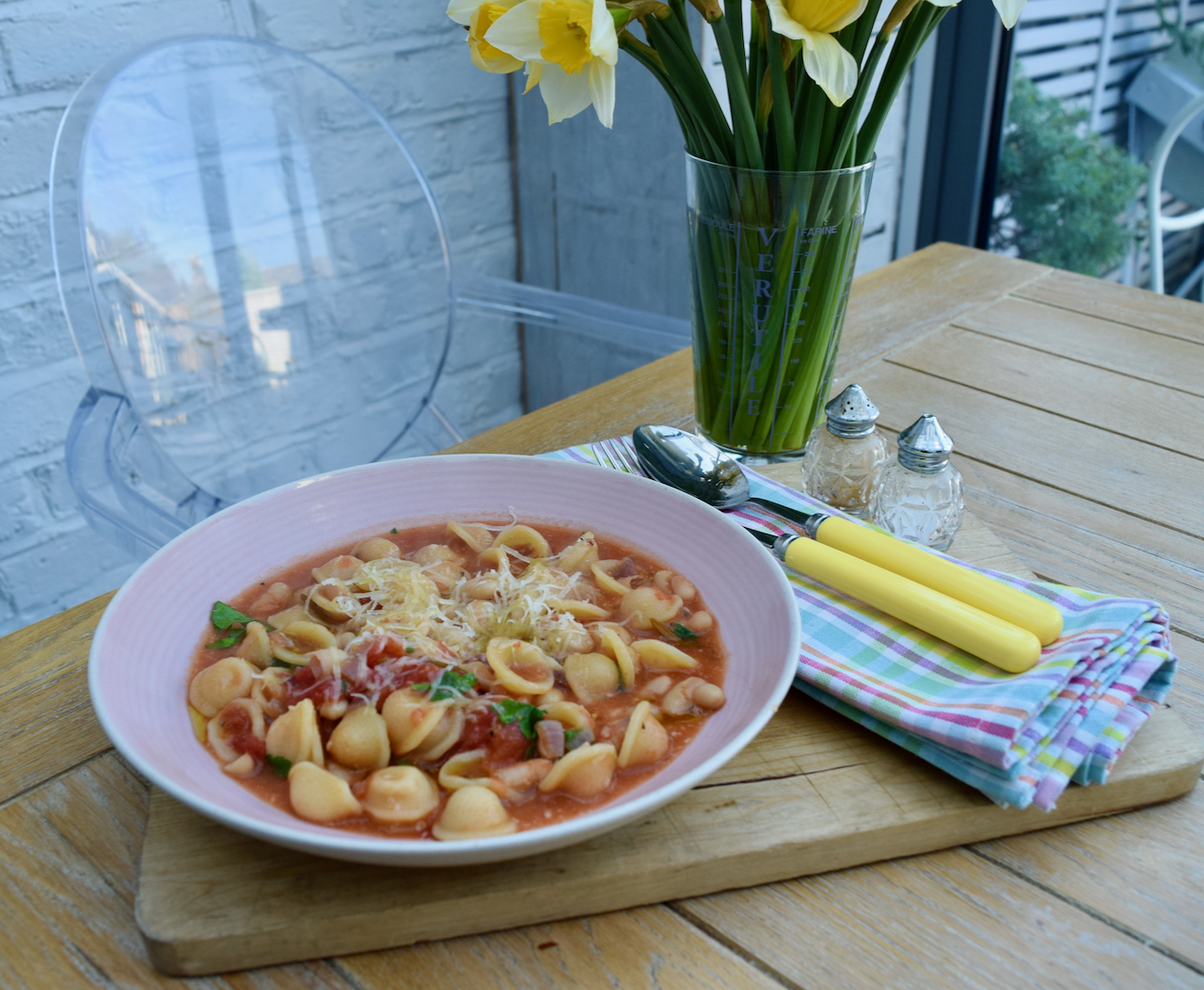 Brothy Tomato Pasta with Beans recipe from Lucy Loves Food Blog