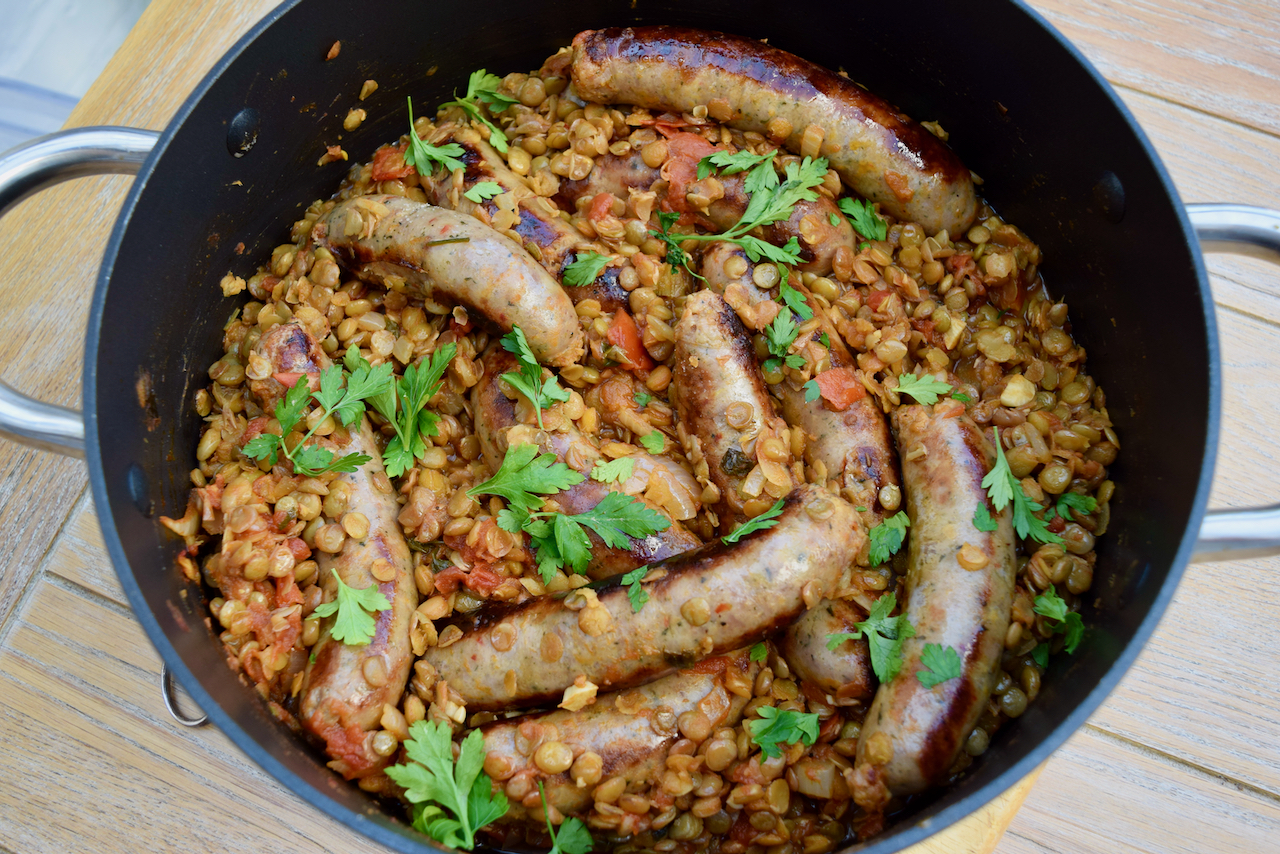 One Pot Sausages with Lentils Recipe from Lucy Loves Food Blog