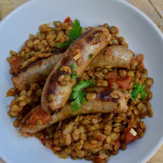 One Pot Sausages with Lentils recipe from Lucy Loves Food Blog