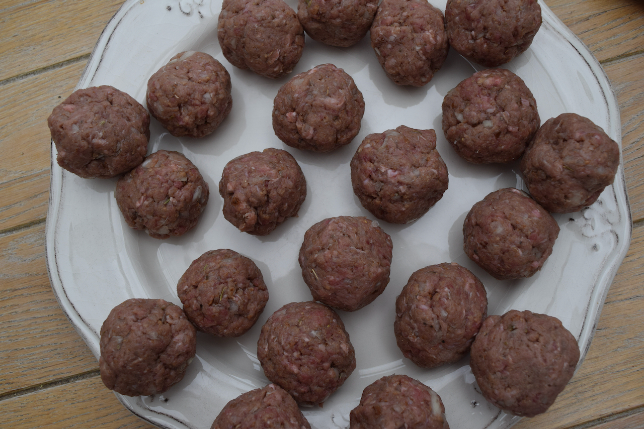 One Pot Meatballs with Cheesy Garlic Bread recipe from Lucy Loves Food Blog