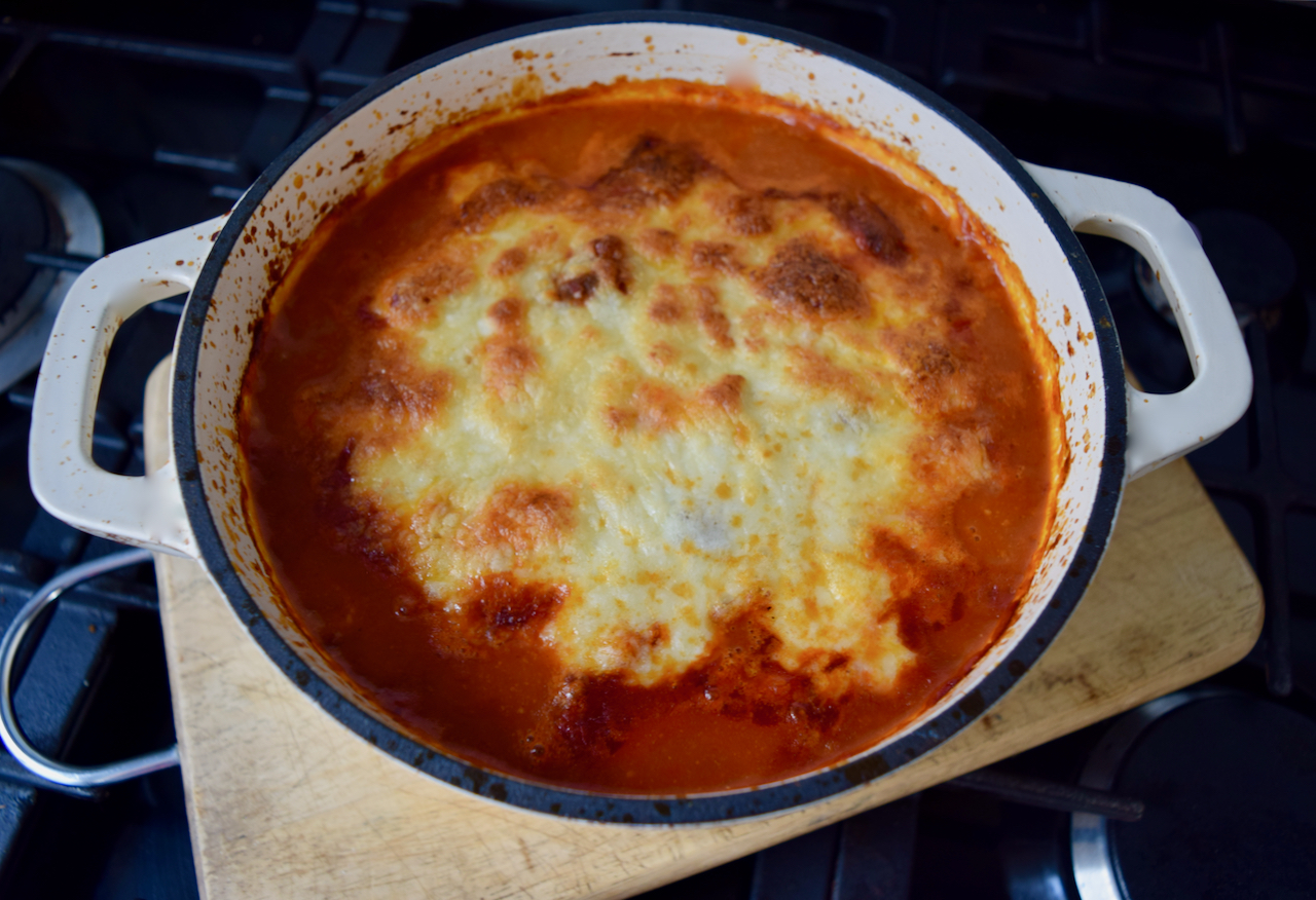 One Pot Meatballs with Cheesy Garlic Bread recipe from Lucy Loves Food Blog