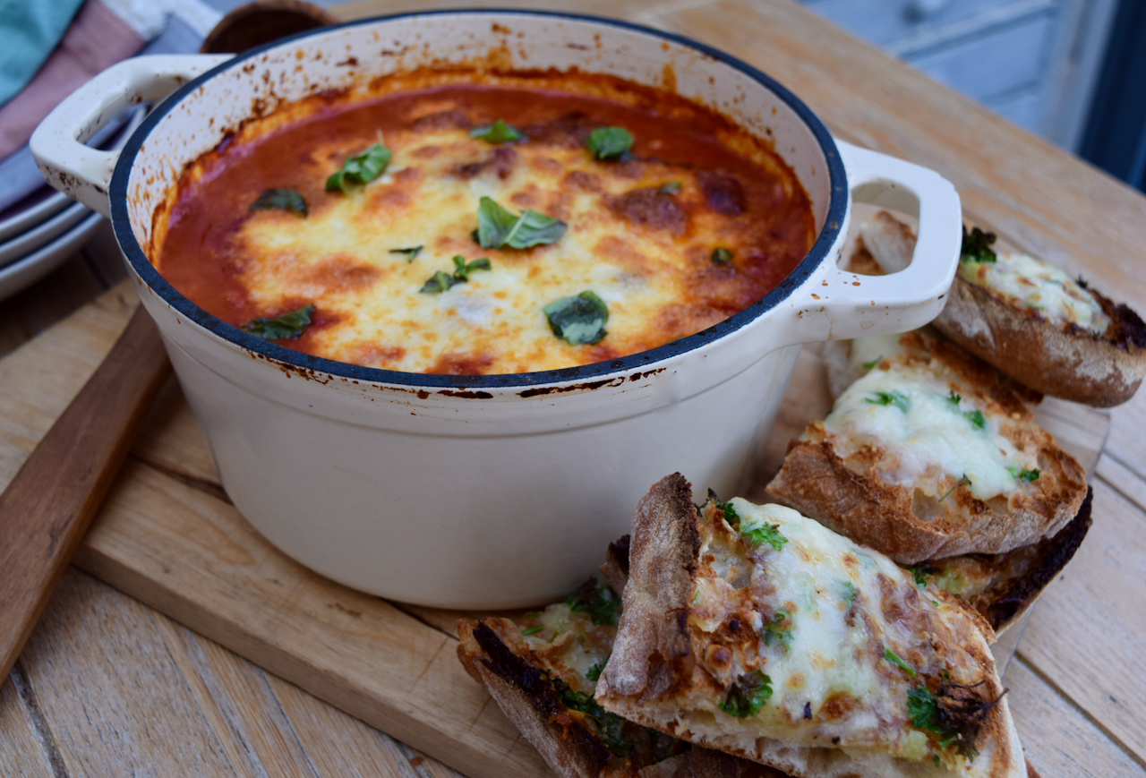 One Pot Meatballs with Cheesy Garlic Bread recipe from Lucy Loves Food Blog