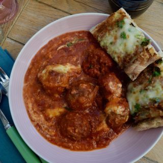 One Pot Meatballs with Cheesy Garlic Bread recipe from Lucy Loves Food Blog