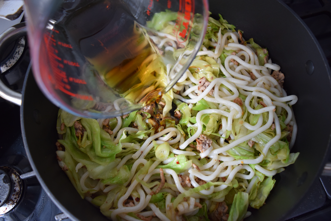 Sesame Pork Udon Noodles recipe from Lucy Loves Food Blog