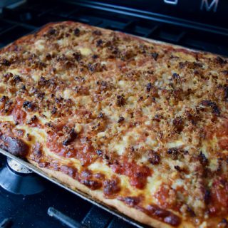 No Knead Sheet Pan Pizza recipe from Lucy Loves Food Blog