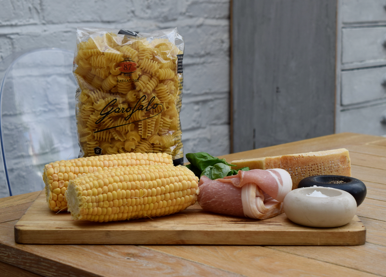 Parmesan, Corn and Bacon Pasta recipe from Lucy Loves Food Blog