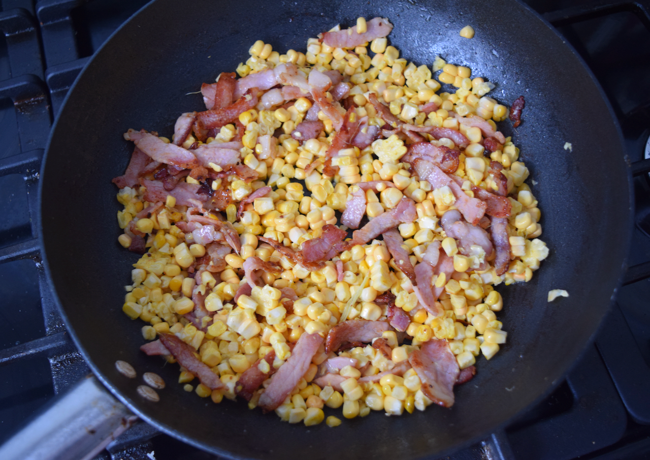 Parmesan, Corn and Bacon Pasta recipe from Lucy Loves Food Blog