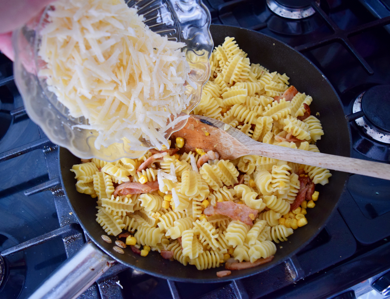 Parmesan, Corn and Bacon Pasta recipe from Lucy Loves Food Blog