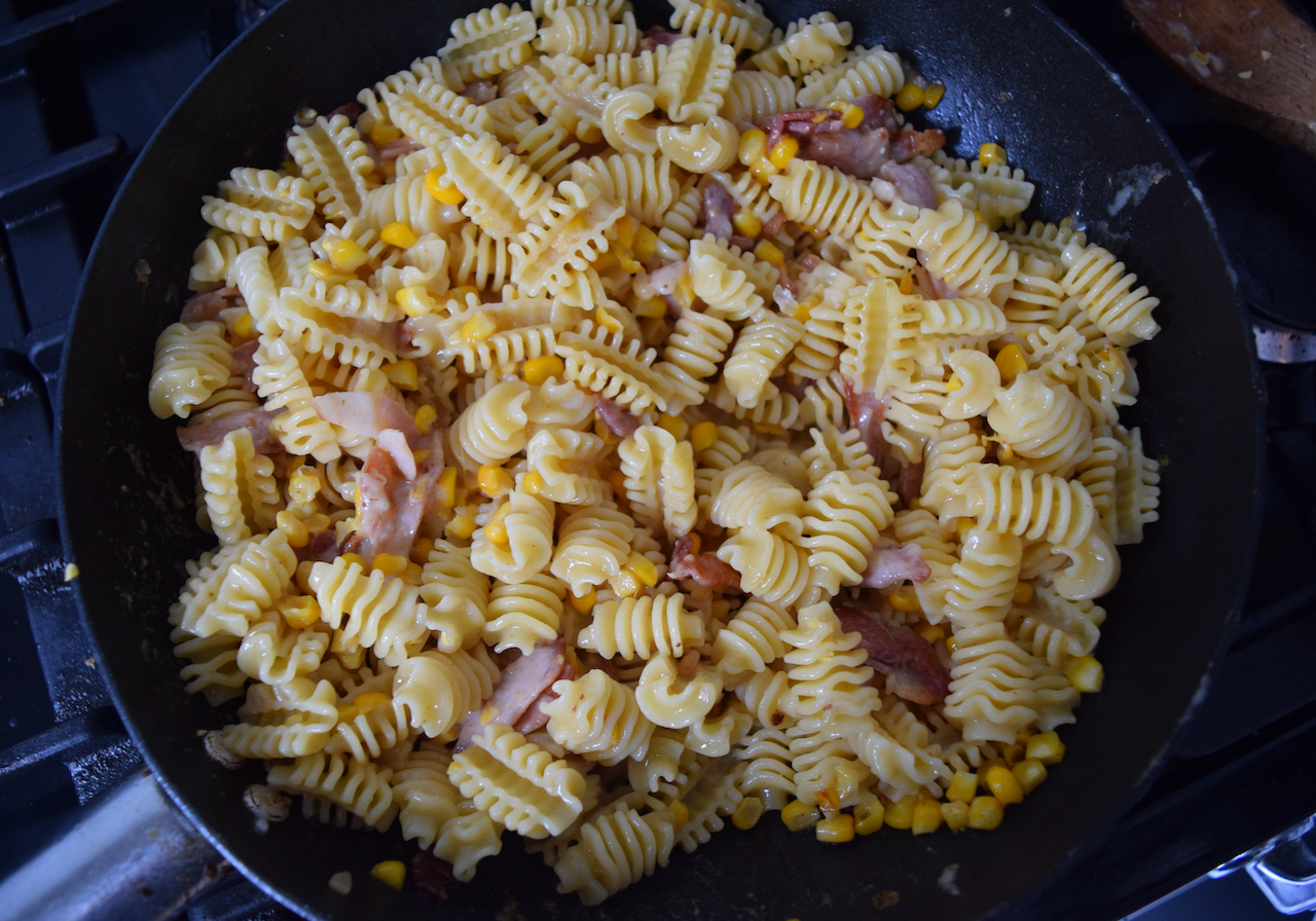 Parmesan, Corn and Bacon Pasta recipe from Lucy Loves Food Blog
