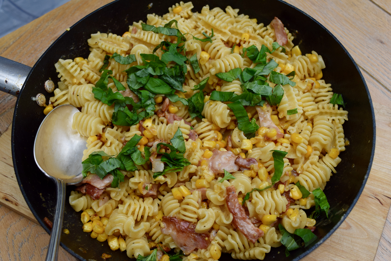 Parmesan, Corn and Bacon Pasta recipe from Lucy Loves Food Blog