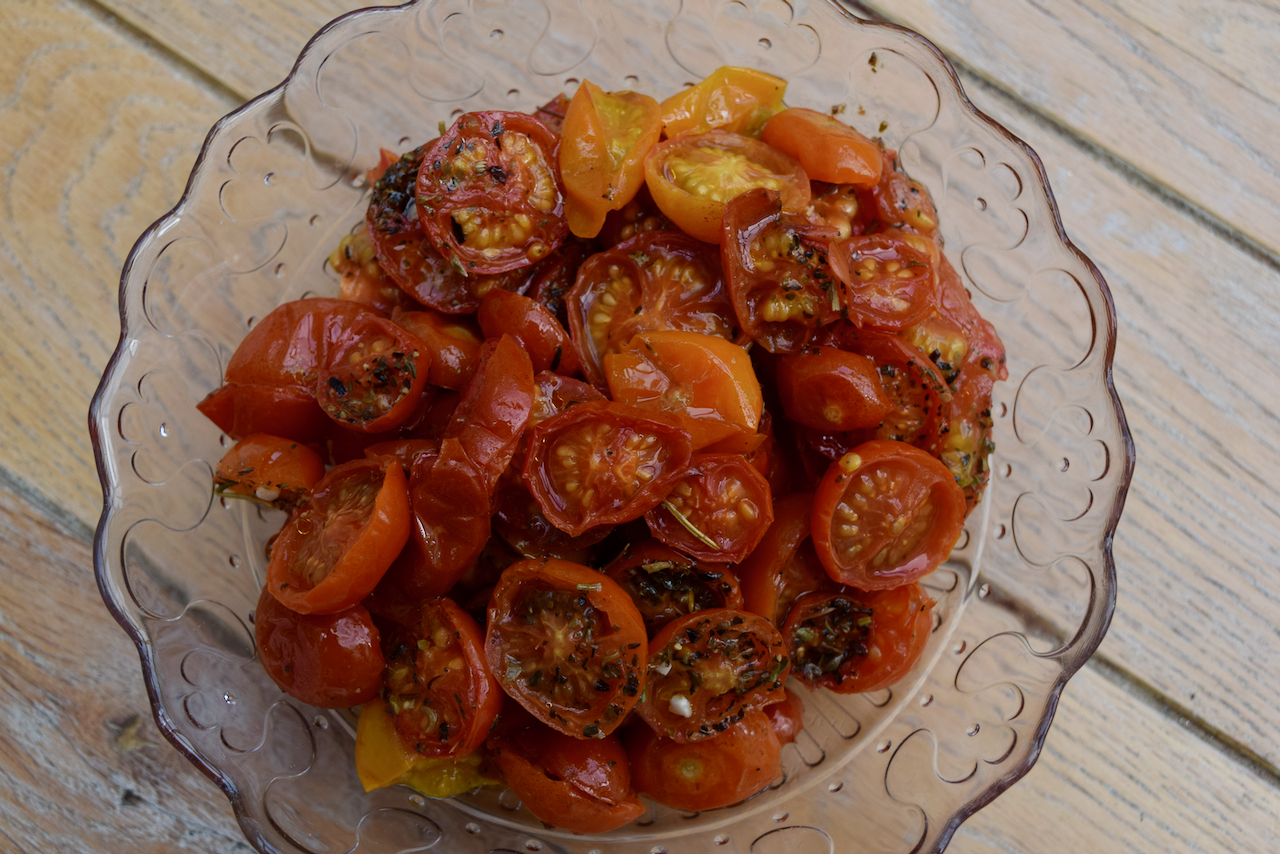 I had mostly cherry tomatoes but also a few large ones on the vine. So I quartered these and slung them in too for luck