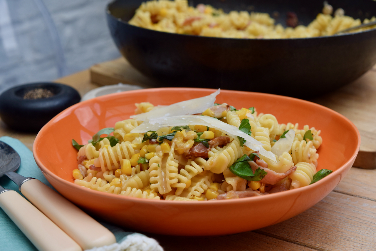 Parmesan, Corn and Bacon Pasta recipe from Lucy Loves Food Blog