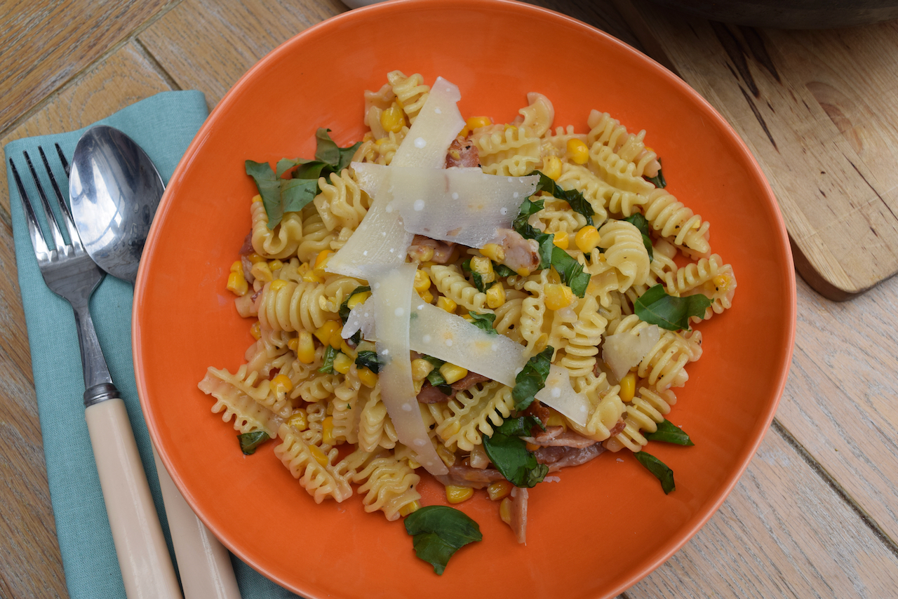 Parmesan, Corn and Bacon Pasta recipe from Lucy Loves Food Blog