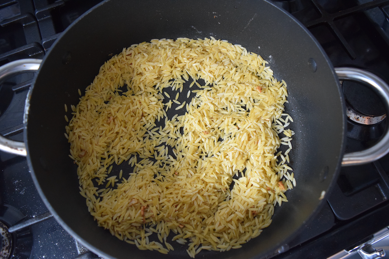 One Pot Chicken with Orzo and Parmesan recipe from Lucy Loves Food Blog