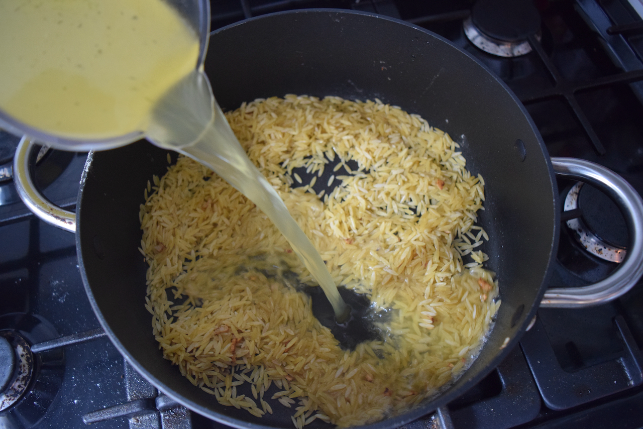 One Pot Chicken with Orzo and Parmesan recipe from Lucy Loves Food Blog