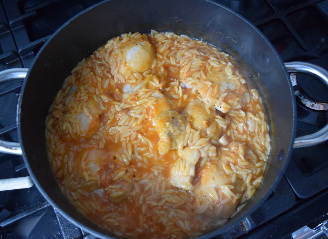 One Pot Chicken with Orzo and Parmesan recipe from Lucy Loves Food Blog