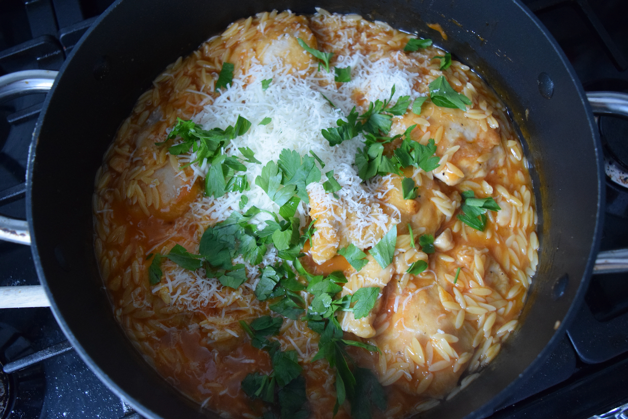 One Pot Chicken with Orzo and Parmesan recipe from Lucy Loves Food Blog