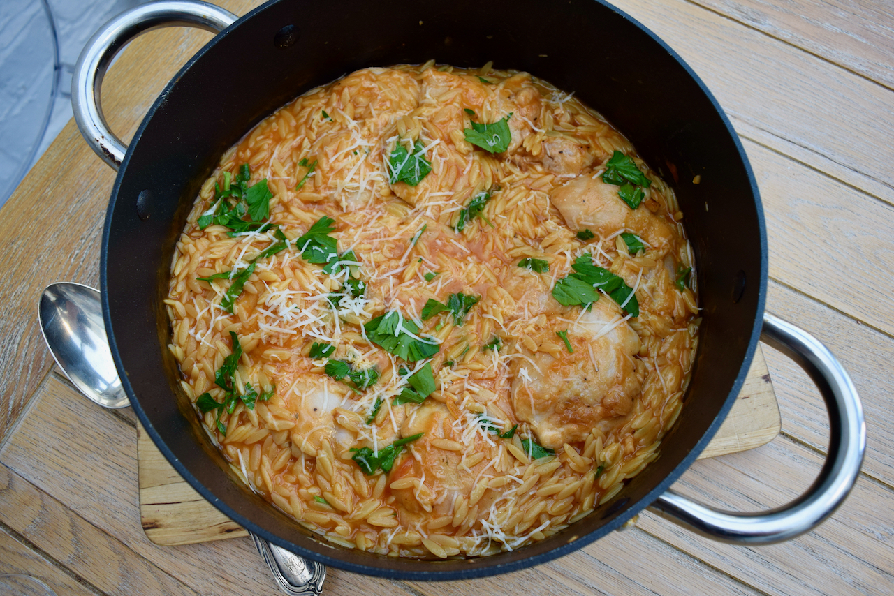 One Pot Chicken with Orzo and Parmesan recipe from Lucy Loves Food Blog