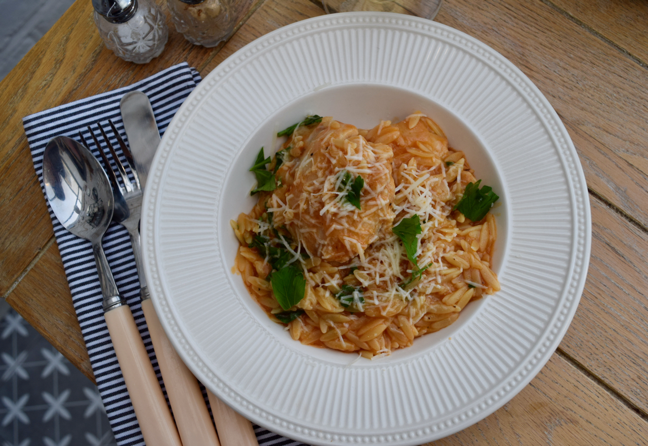 One Pot Chicken with Orzo and Parmesan recipe from Lucy Loves Food Blog