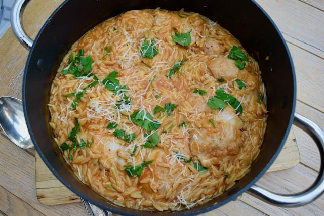 One Pot Chicken with Orzo and Parmesan recipe from Lucy Loves Food Blog