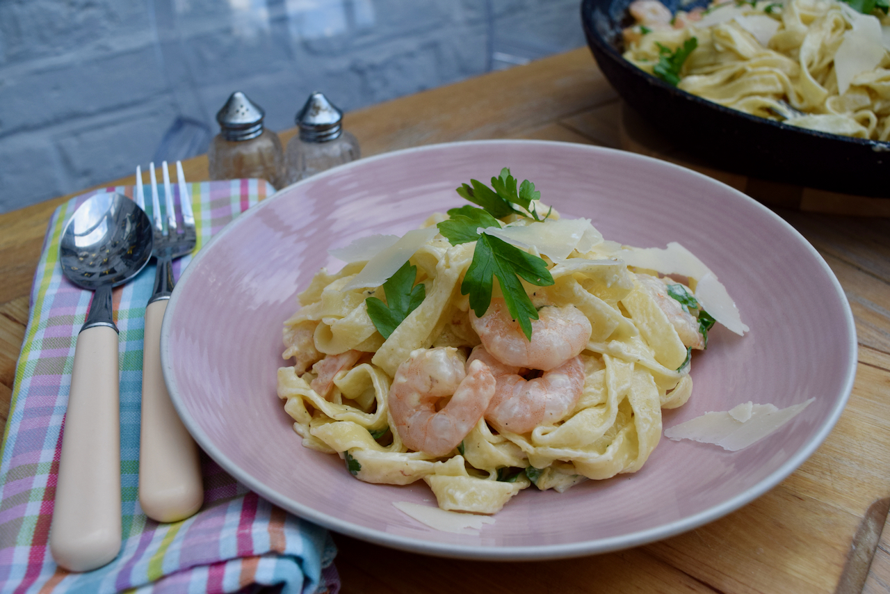 Tagliatelle with Prawns, Garlic and Parmesan recipe from Lucy Loves