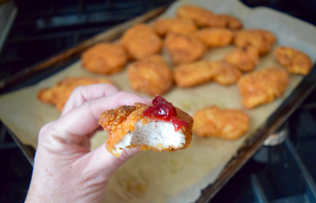 Lentil Coated Turkey Goujons with Quick Cranberry Sauce from Lucy Loves Food Blog