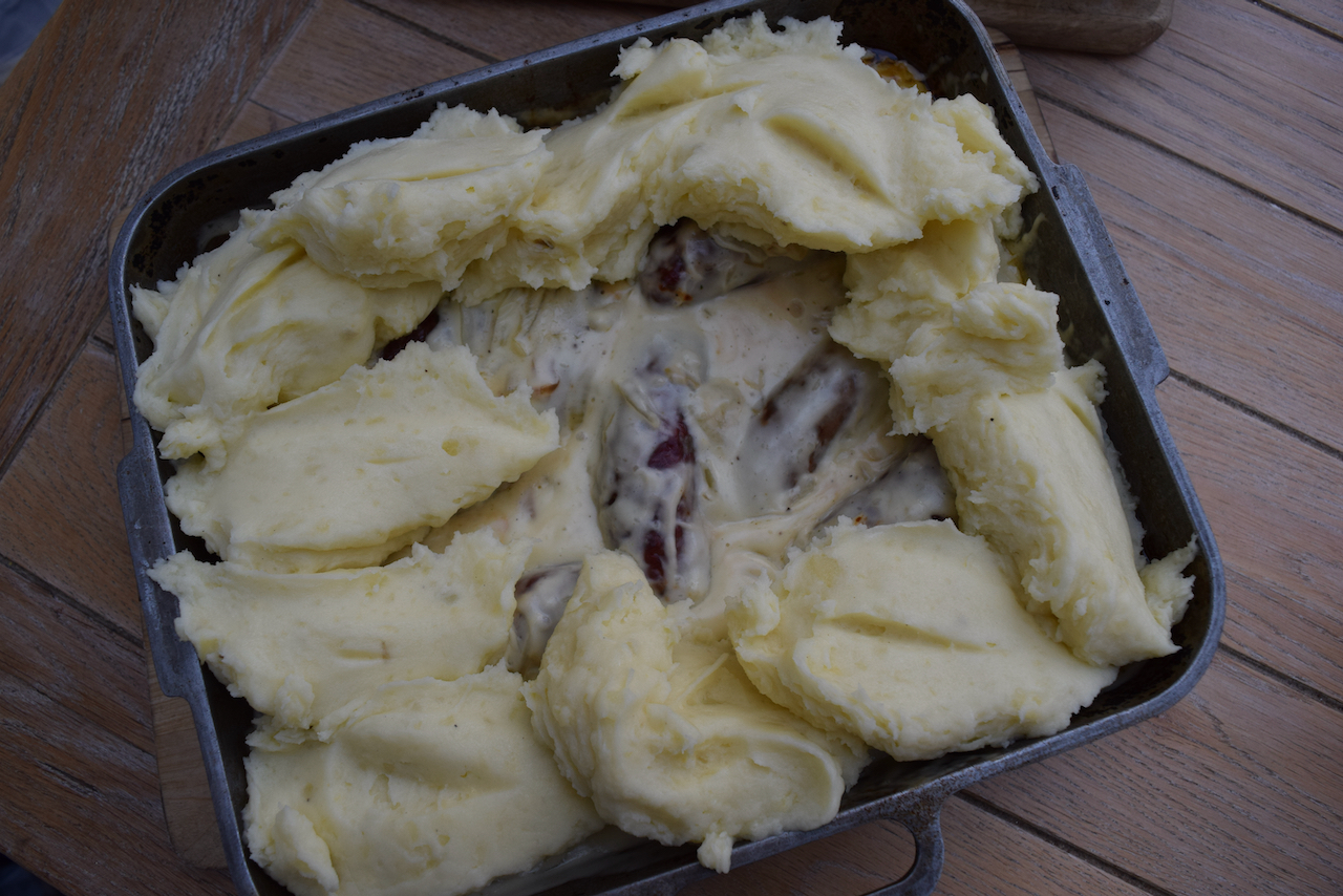 Cheesy Sausage and Mash Pie recipe from Lucy Loves Food Blog