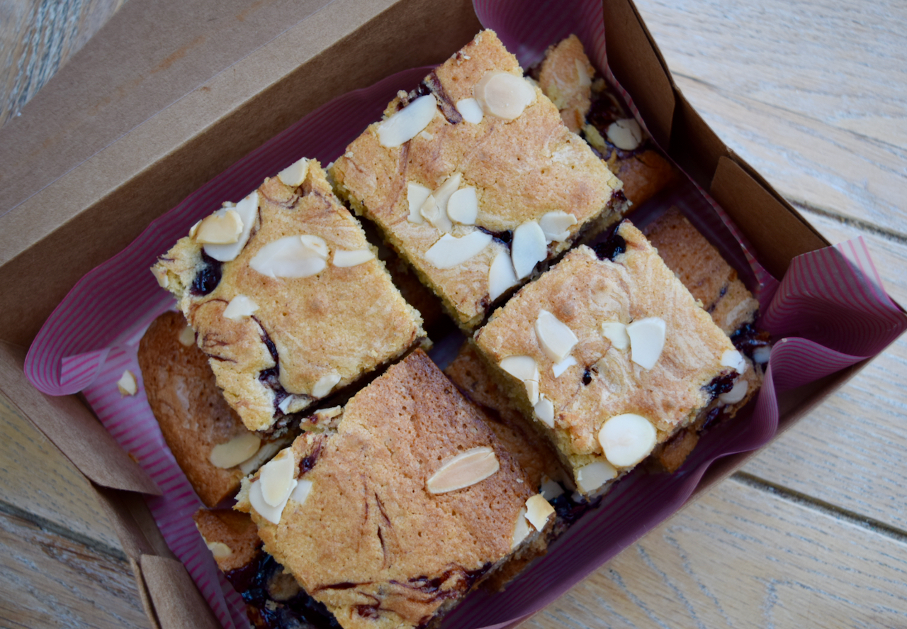 Cherry Bakewell Blondies recipe from Lucy Loves Food Blog