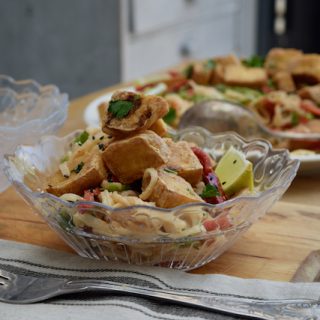 Peanut Sesame Noodle Salad with Crispy Tofu recipe from Lucy Loves