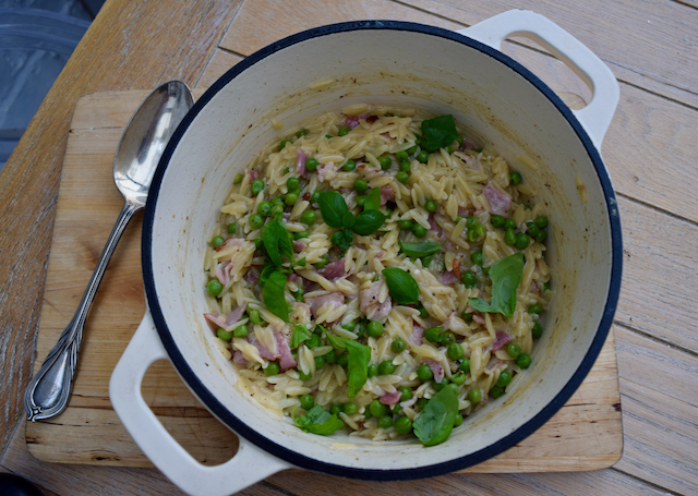 Orzo with Bacon and Peas recipe from Lucy Loves Food Blog
