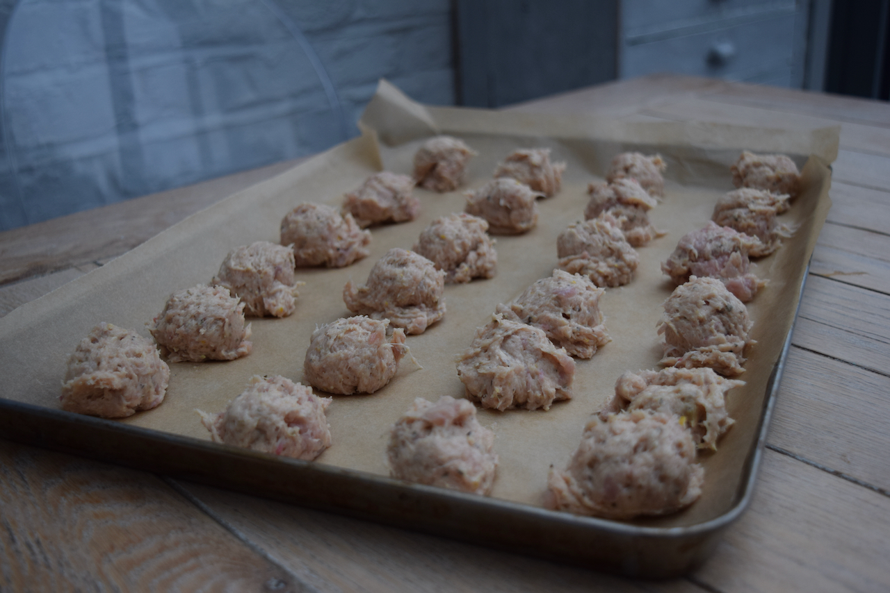 Lemon Dijon Meatballs with Parmesan Cauliflower recipe from Lucy Loves