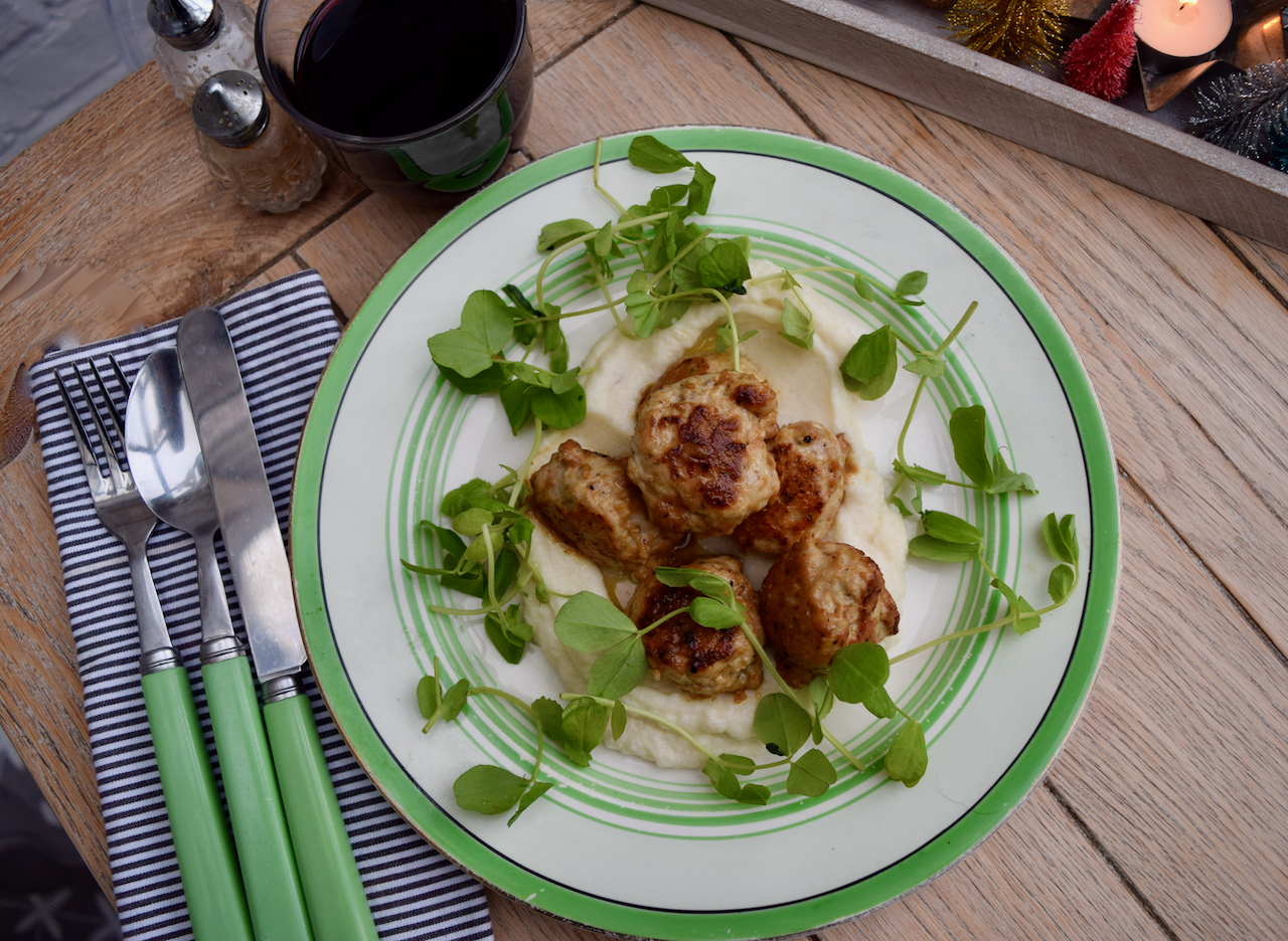 Lemon Dijon Meatballs with Parmesan Cauliflower recipe from Lucy Loves