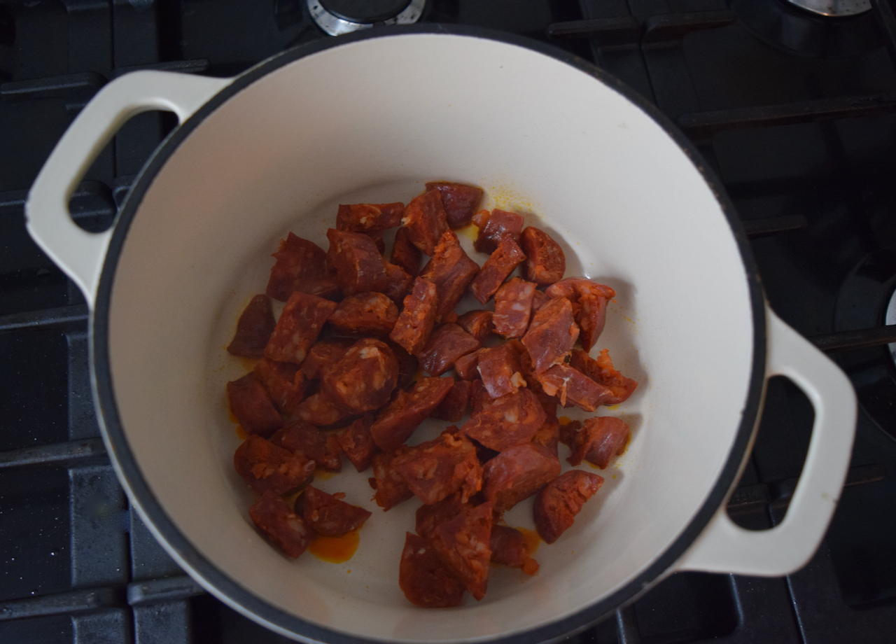 One Pot Lentils with Chorizo recipe from Lucy Loves Food Blog