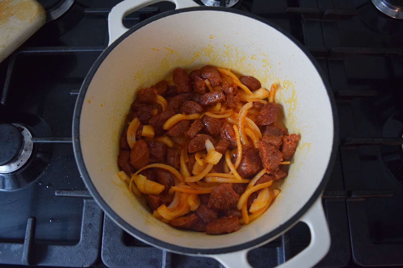 One Pot Lentils with Chorizo recipe from Lucy Loves Food Blog