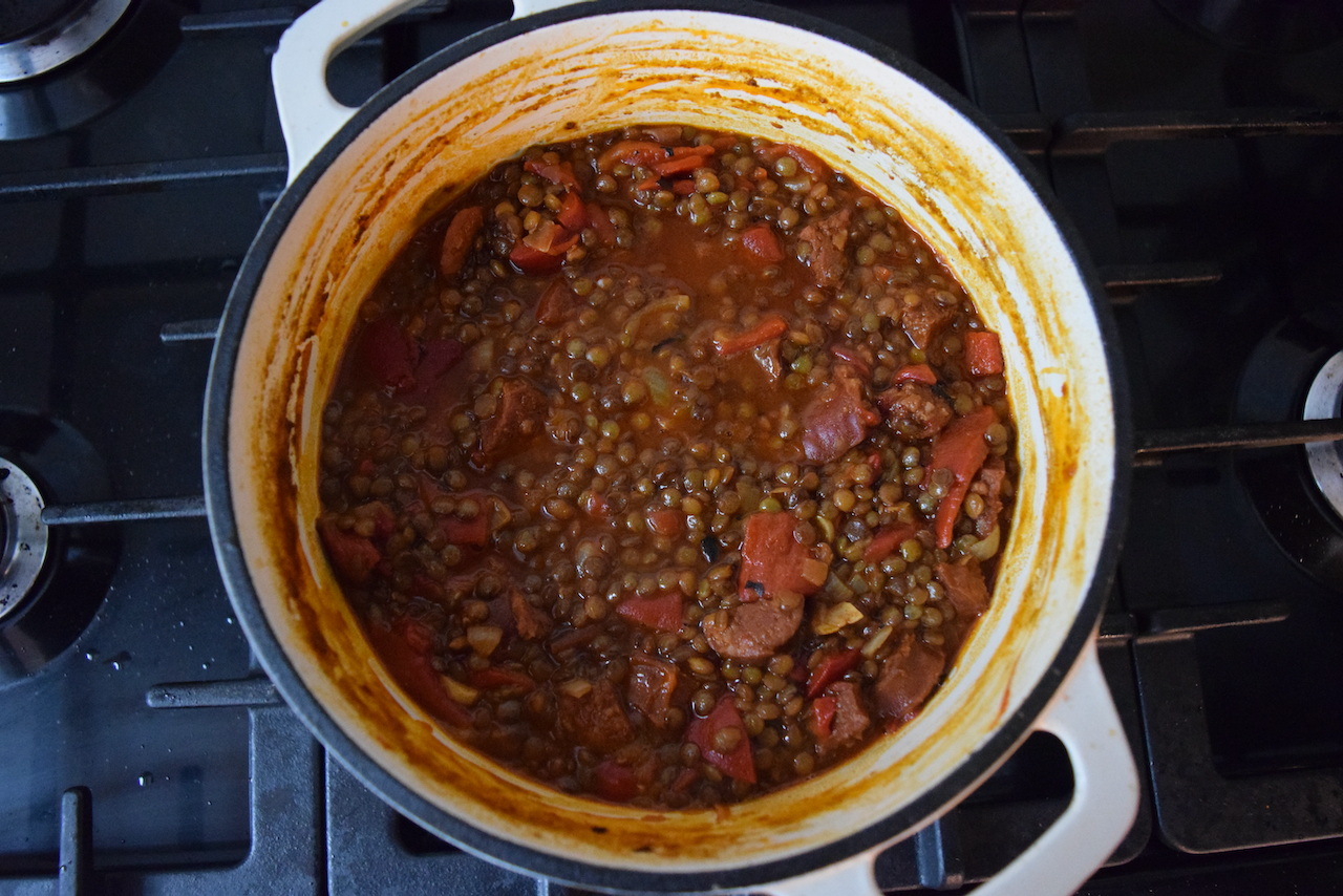 One Pot Lentils with Chorizo recipe from Lucy Loves Food Blog