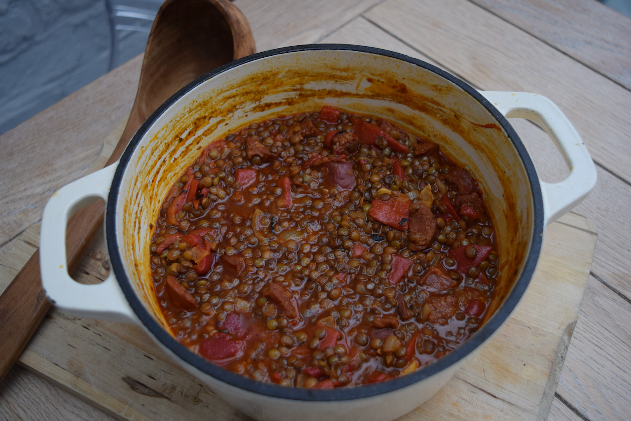 One Pot Lentils with Chorizo recipe from Lucy Loves Food Blog