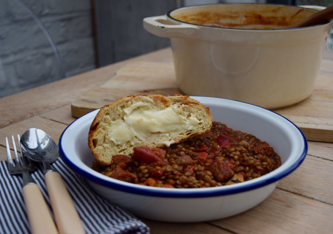 One Pot Lentils with Chorizo recipe from Lucy Loves Food Blog